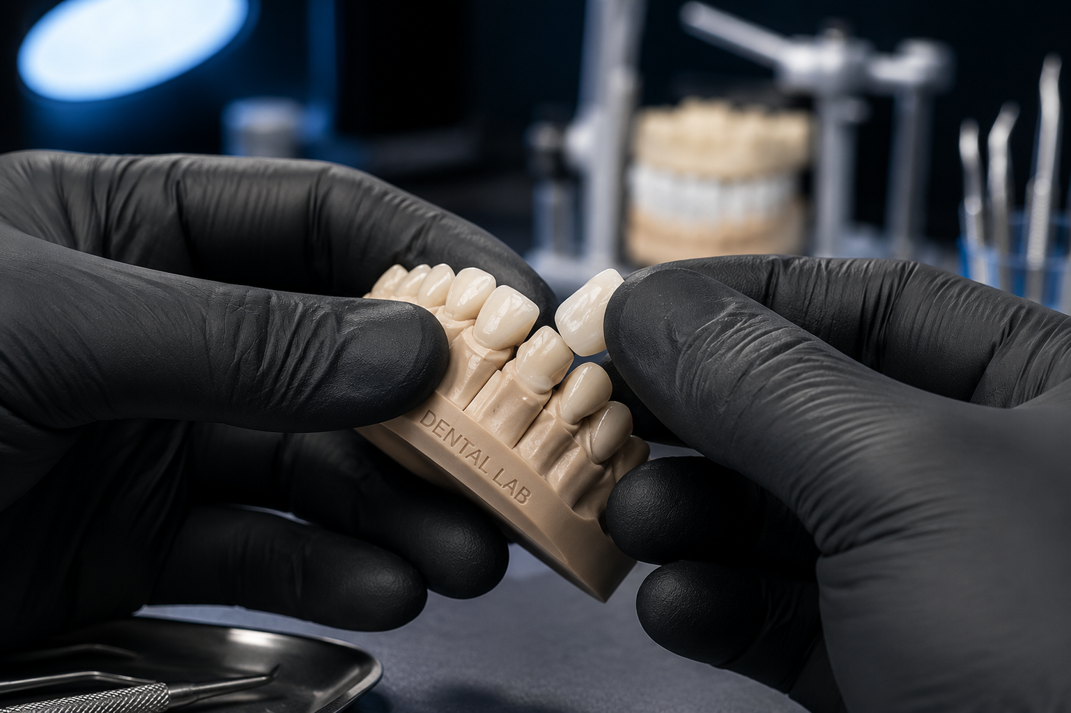 Precision fitting of dental restorations to ensure an accurate fit, lasting comfort, proper function, and natural aesthetics. **Alt Text:** `Dental technician fitting a precision-crafted dental restoration on a dental model`