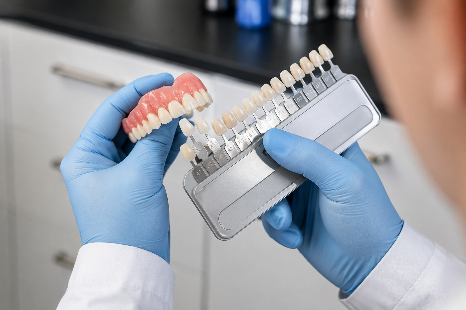 Dental technician performing quality inspection of a precision dental restoration